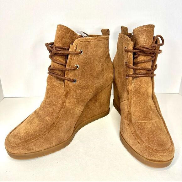 Michael Kors Tamara Lace Up Brown Suede Wedge Booties 9 - Picture 1 of 9